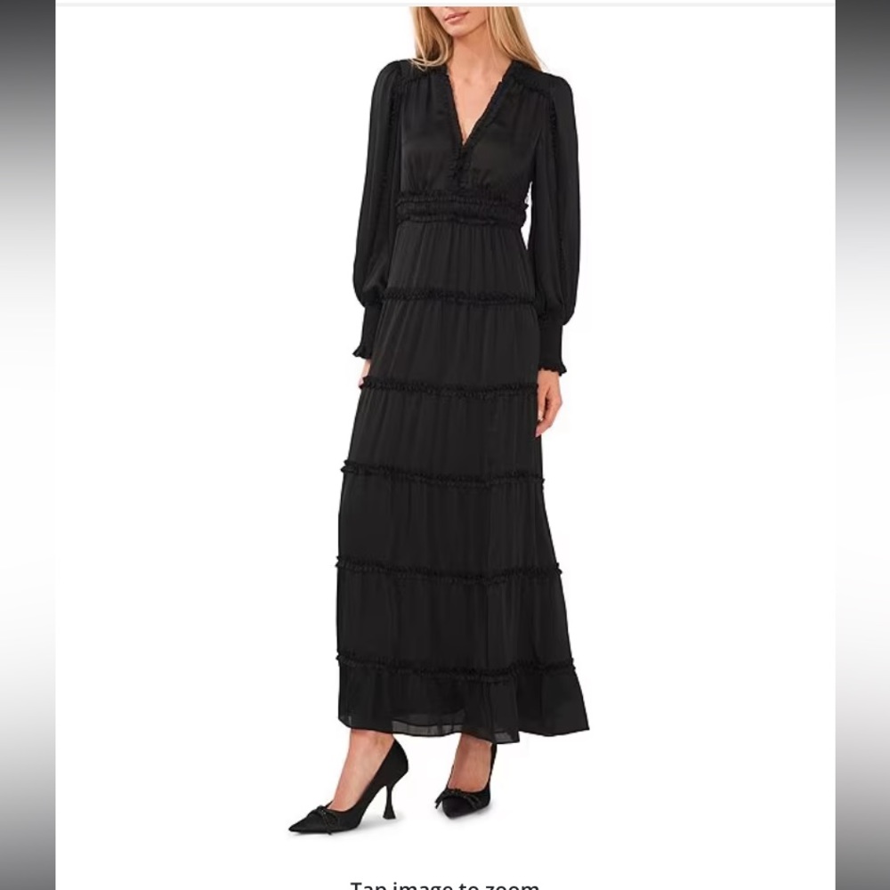 NWT Chelsea and Violet Plisse satin Ruffle Deep V Neck tiered Maxi Dress BOHO S